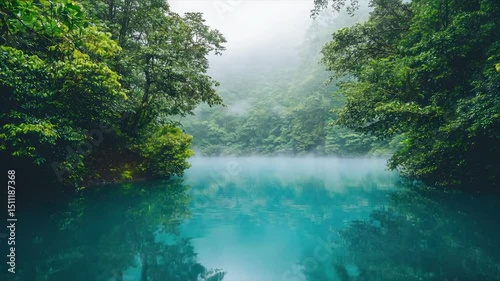 Misty, tranquil lake nestled in a lush, verdant valley.  A serene, reflective pool of water surrounded by dense, green jungle foliage, with a hazy, misty atmosphere