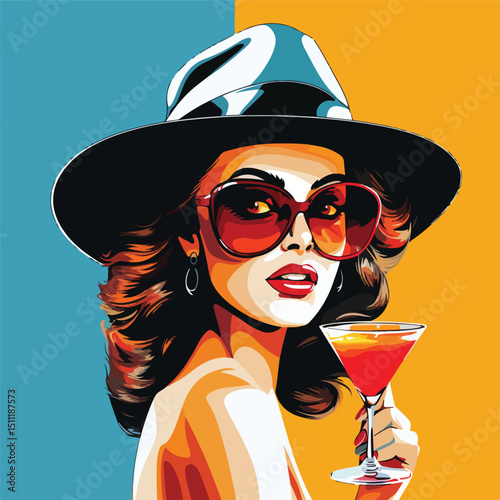 Professional Pop Art Portrait of a Beautiful Woman with Hat and Cocktail