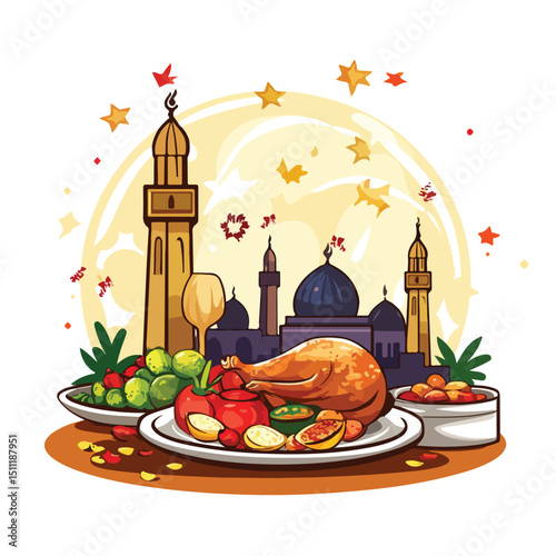 Elegant Ramadan Kareem Celebration Card with Traditional Dish and Food