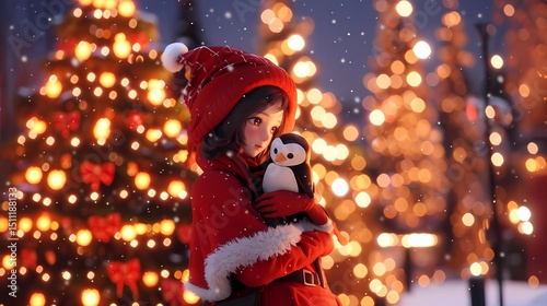 Anime illustration of a joyful young girl dressed in festive red holding a penguin, surrounded by twinkling lights and snowflakes, holiday cheer.