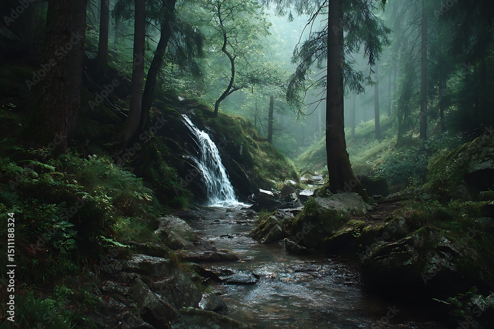 Obraz premium Misty Forest Waterfall Stream.