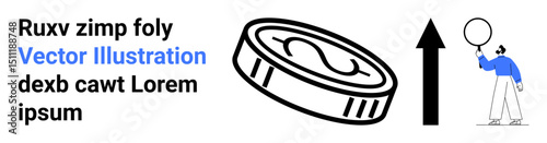 Dollar coin alongside upward arrow and person holding a circular object. Ideal for growth, finance, investment, business success, direction, economic trends, simple landing page