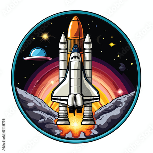 Space Explorer Patch Emblem: Illustration of Spaceship Taking Off for Galactic Exploration and Adventure