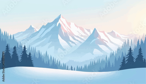 Snowy Mountain Landscape with Forest in Winter