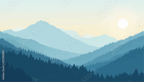 Mountain Landscape Vector Illustration with Forest and Sun
