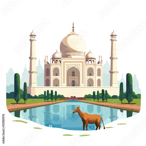 Detailed vector illustration of Taj Mahal building and cute goat cartoon isolated on white background for design projects