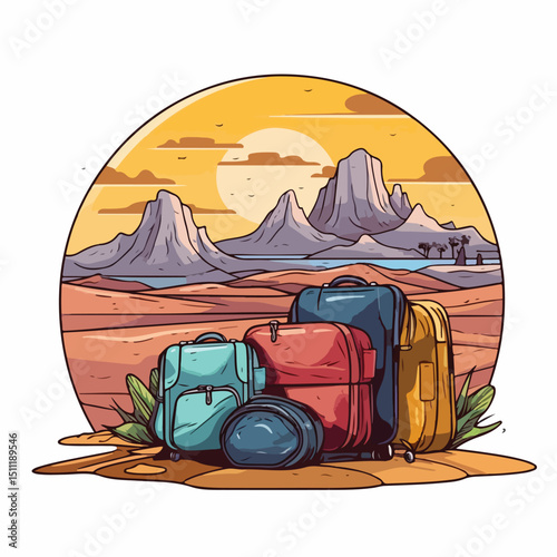 Professional Travel Suitcases and Sleeping Bag Over Scenic Landscape Image