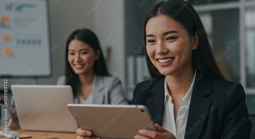 Portrait of Asian Woman Holding Tablet in Office Smiling Radiantly Portrait of Asian Woman Holding Tablet in Office Smiling Radiantly