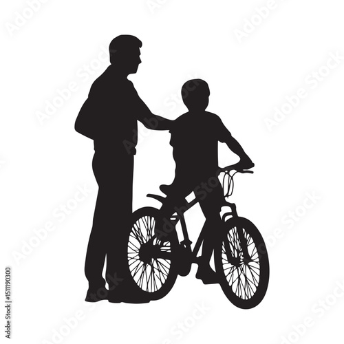 Silhouette of father teaching son to ride bike family bonding concept