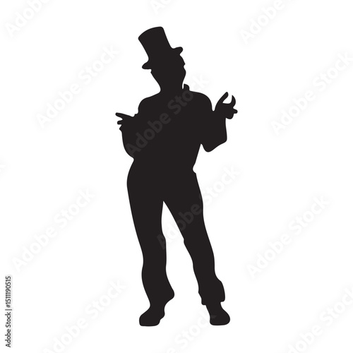 Silhouette of man in top hat performing magic illusion or stage show