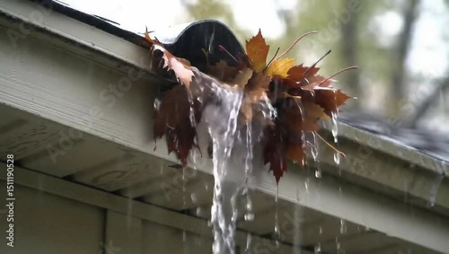 Rainwater flows quickly down a roof gutter partially clogged with soaked autumn leaves.
