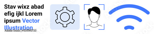 Gear for settings, face recognition frame, and wireless signal in blue. Ideal for technology, connectivity, security, identity, innovation, internet and simple landing page