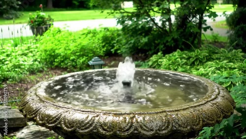 Medium shot of a small garden fountain with water bubbling gently in a circular stone basin.
