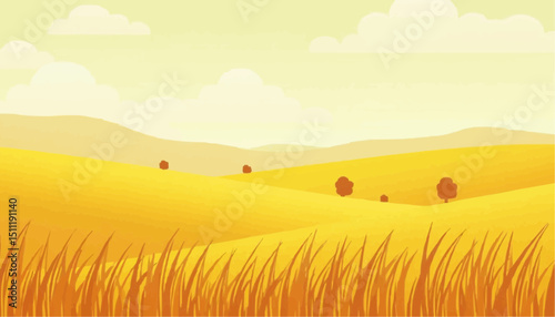 Cartoon landscape with hills, grass and trees