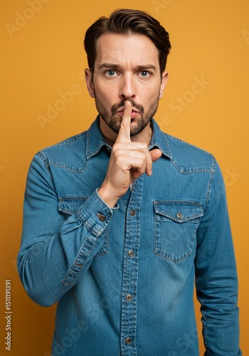 Portrait of Man Asking for Silence with Finger to Lips in Studio