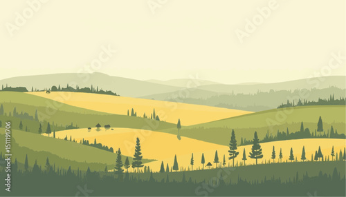Green and yellow landscape with hills and trees