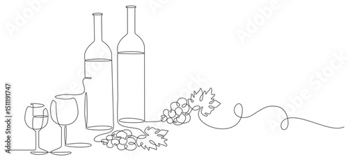bottle and glass of wine line art