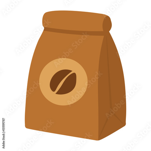 Vector coffee bag with bean symbol, flat cartoon illustration for cozy food and drink projects.