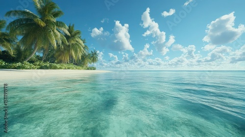 Tropical Beach Paradise with Turquoise Water White Sand Palm Trees and Blue Sky