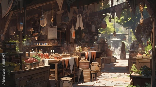 Bustling black market scene, goods, vibrant colors, tree canopy, dappled sunlight, fantasy setting