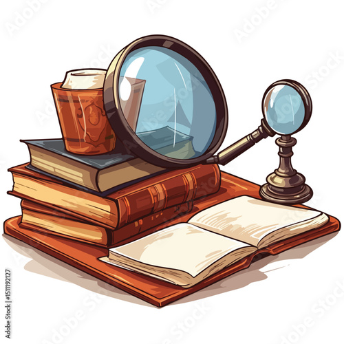 Professional Vector Illustration of Computer, Book, and Magnifying Glass for Research and Education Purposes