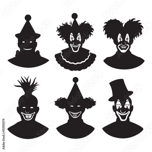 Creepy clown silhouette vector set for halloween scary circus design