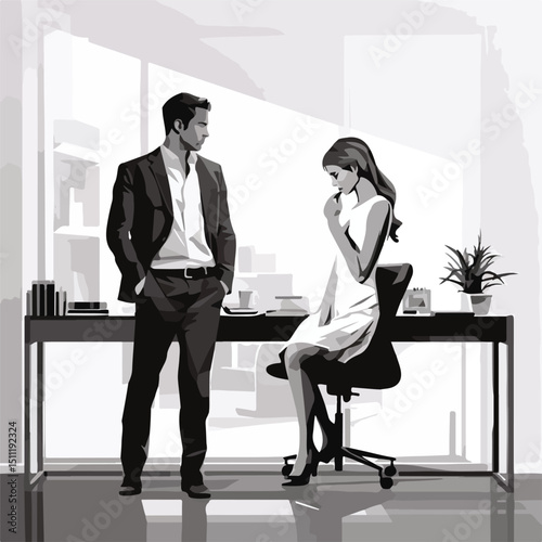 Professional Couple Standing on Podium in Black and White Office Desk Setting
