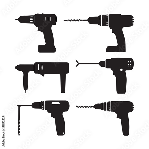 Drill machine vector set cordless power drill silhouette tool icons