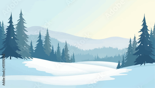Winter Forest Landscape with Snow Covered Hills and Evergreen Trees