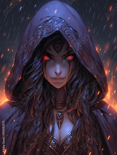 Powerful anime sorceress, dark rainy environment, glowing eyes, otherworldly energy, intricate attire designs, embroidery