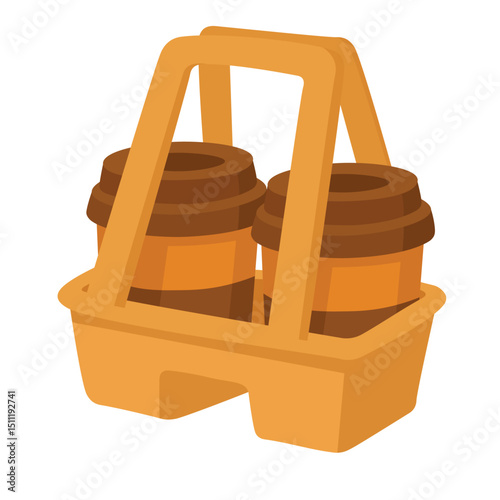 Vector takeaway coffee cups in holder tray, cozy flat clipart for cafe, delivery, and drink designs.