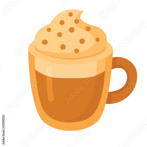Vector coffee mug with whipped cream and sprinkles, cozy flat clipart for cafe and dessert designs.