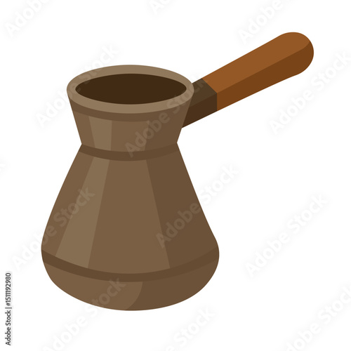 Vector cezve coffee pot with handle, cozy flat cartoon clipart for traditional cafe and kitchen themes.