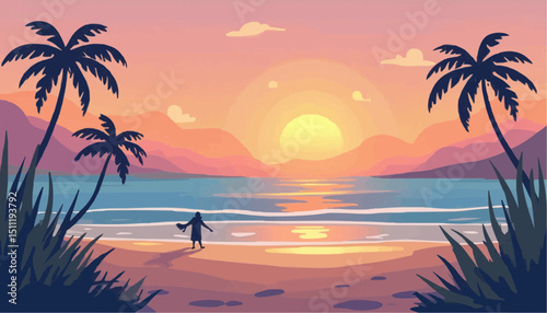 Person on beach with palm trees at sunset
