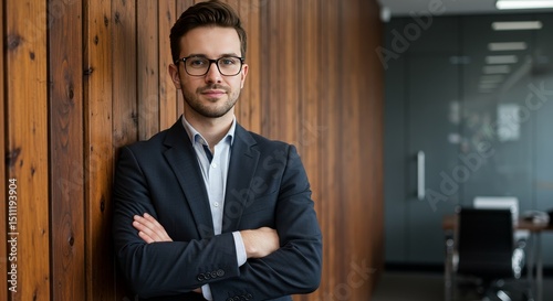 Potrait of Young Businessman with Arms Crossed at Modern Office