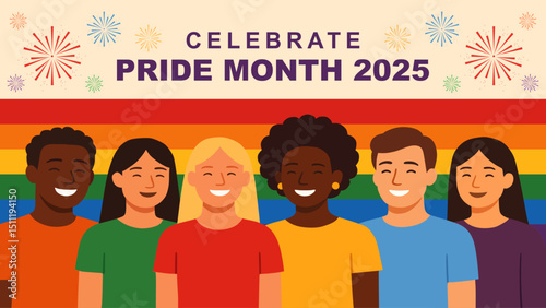 Celebrate LGBT Pride Month 2025 With people of different races and Colorful Rainbow Pride Background. Best for Banners, Greeting Cards, Posters and Social Media. Vector Illustrations.