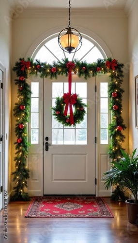 A festive holiday foyer decorated with a garland, wreaths, and ornaments, creating a warm and inviting entrance to a home , seasonal, berries, hallway