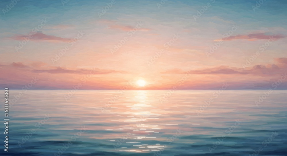 Obraz premium Textured watercolor horizon line of ocean meeting sky, with diffused sunlight and gentle color transitions. Relaxing abstract art. Generative Ai