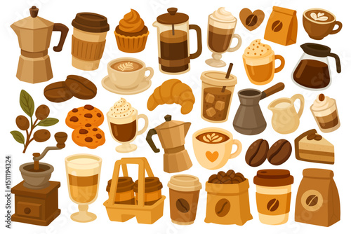 Cozy flat cartoon coffee collection, includes drinks, cups, beans, desserts, equipment, and decor elements.