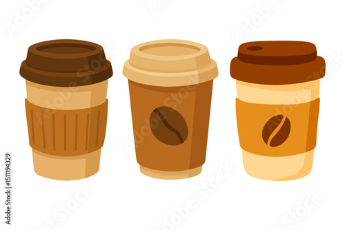 Vector clipart set of three takeaway coffee cups with lids, cozy and stylish cafe-themed elements.
