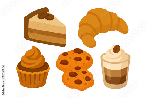Vector set of coffee-themed desserts, including cake, cookies, cupcake, croissant, and layered sweet.