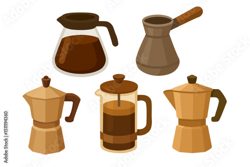 Vector set of coffee makers including moka pots, French press, cezve, and drip pot in flat cozy style.
