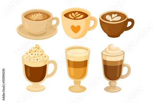 Vector set of coffee drinks in cute cups and glasses, latte art and whipped cream, cozy flat style.