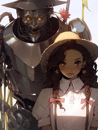 Anime girl and menacing robot, contrasting illustration