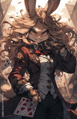 A young woman with animal-like ears and a striking red coat stands out in a bustling city, holding a playing card and wearing fingerless gloves.