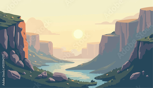 Landscape of River Between Cliffs with Rising Sun