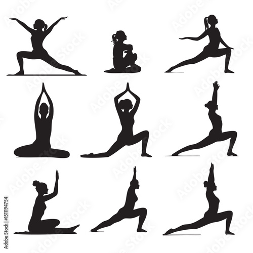 yoga position silhouette set, Black & White silhouette set