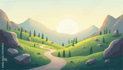 Mountain landscape illustration with path and trees