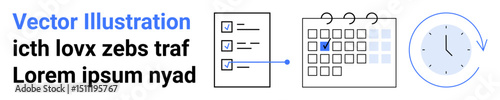 Task list connecting to a calendar with a check mark and a clock symbolizing organization, planning, and time efficiency. Ideal for productivity, planning, schedule tracking, task management