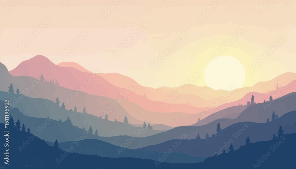 Obraz premium Mountain range at sunrise with trees